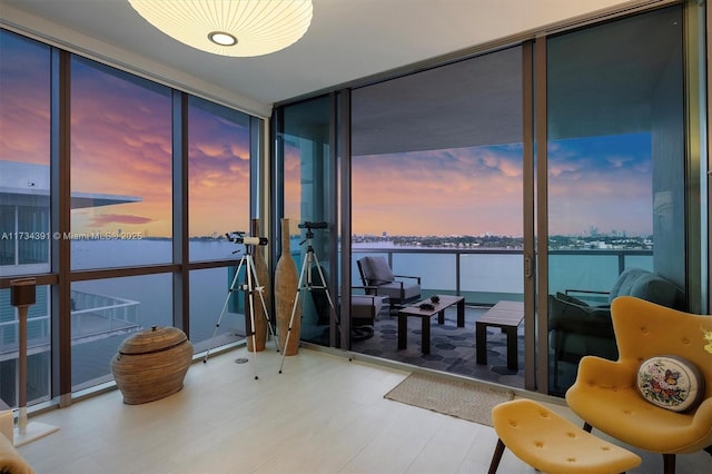 interior space with a water view