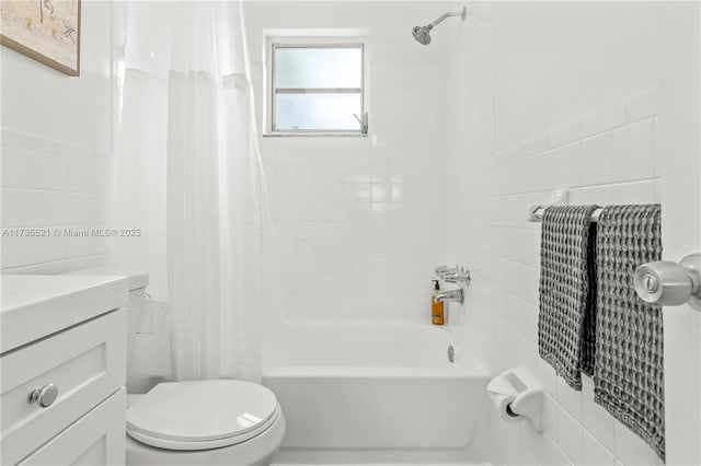 full bathroom with toilet, vanity, and shower / bath combination with curtain