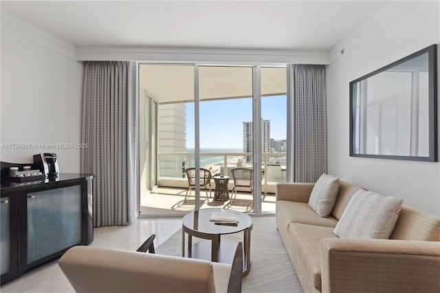 living room featuring a water view