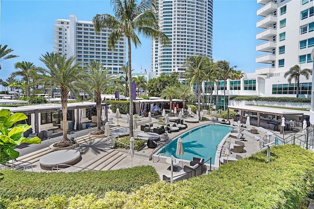 view of swimming pool featuring a patio area