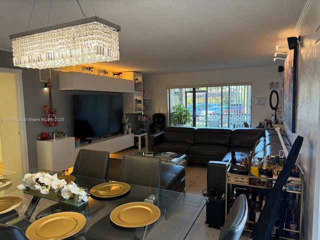 tiled living room with a textured ceiling