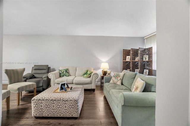 living room with dark hardwood / wood-style flooring