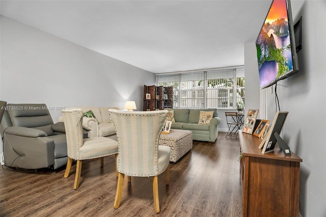 living room with dark hardwood / wood-style flooring