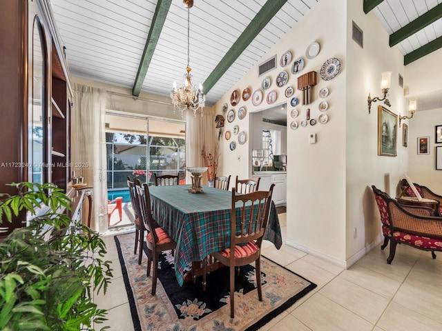 dining area with light tile patterned flooring, high vaulted ceiling, a notable chandelier, wooden ceiling, and beam ceiling