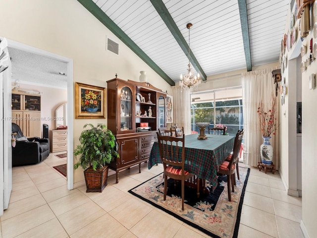 dining room featuring crown molding, beam ceiling, high vaulted ceiling, a notable chandelier, and light tile patterned flooring