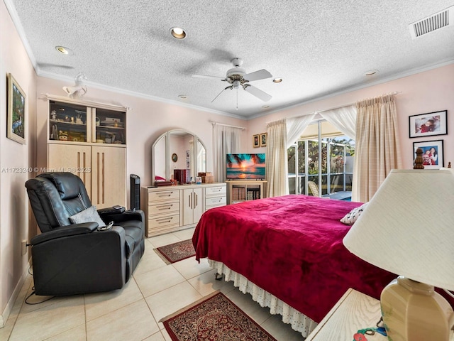 tiled bedroom with ornamental molding, access to outside, a textured ceiling, and ceiling fan