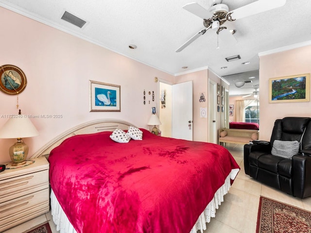 bedroom featuring ornamental molding, ceiling fan, and a textured ceiling