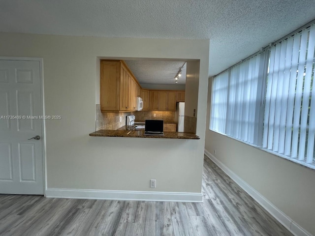 kitchen with white appliances, kitchen peninsula, light hardwood / wood-style floors, and backsplash