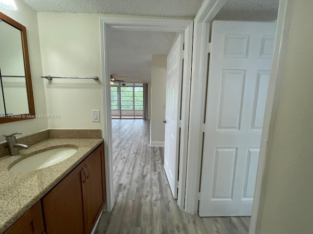 bathroom featuring vanity, hardwood / wood-style floors, and a textured ceiling