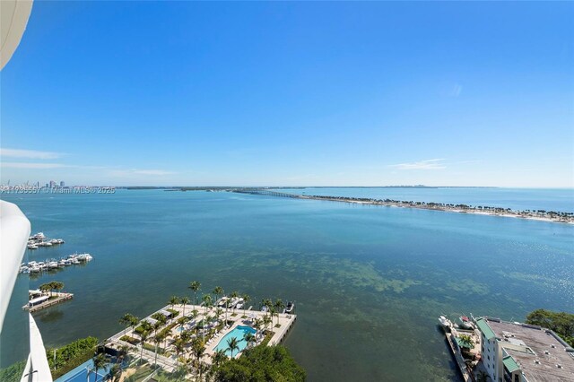 aerial view featuring a water view