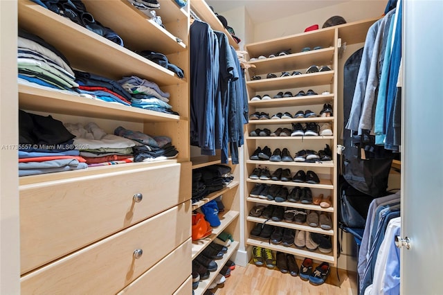 walk in closet with hardwood / wood-style floors