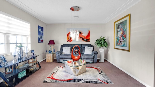 carpeted living room featuring ornamental molding