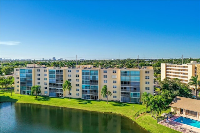 view of building exterior with a water view