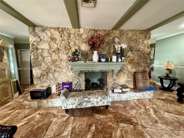 interior space with ornamental molding, a fireplace, and beam ceiling