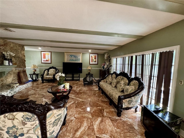 living room with beam ceiling