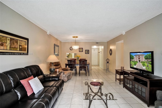 tiled living room with ornamental molding and a textured ceiling