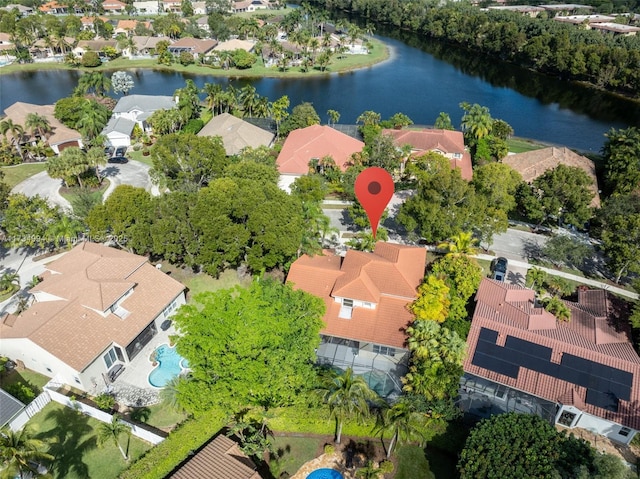 aerial view featuring a water view and a residential view