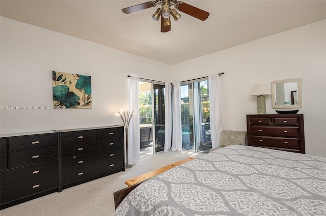 bedroom featuring carpet floors, ceiling fan, and access to outside