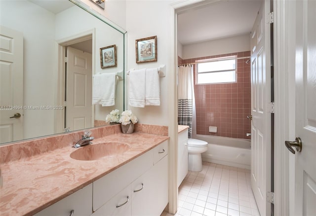 full bathroom featuring vanity, toilet, shower / bathtub combination with curtain, and tile patterned flooring