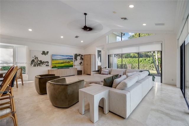 living room with lofted ceiling, ornamental molding, and ceiling fan