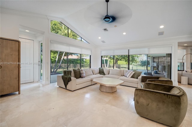 living room with ornamental molding, high vaulted ceiling, and ceiling fan