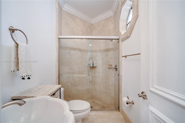 bathroom with sink, a shower with door, ornamental molding, and toilet