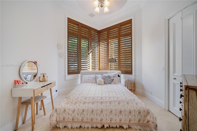 bedroom featuring crown molding, ceiling fan, and light tile patterned flooring