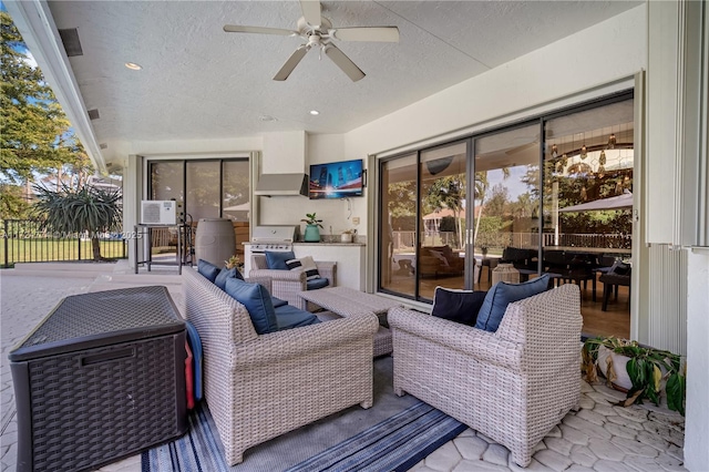 view of patio / terrace featuring ceiling fan, grilling area, and an outdoor hangout area