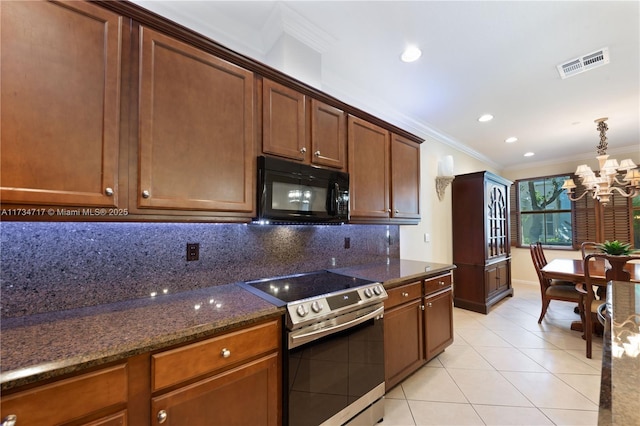 kitchen with light tile patterned flooring, crown molding, dark stone counters, stainless steel electric stove, and backsplash