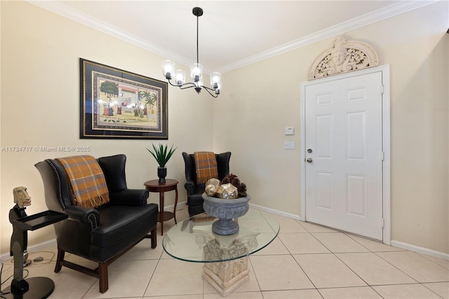 interior space with ornamental molding, a chandelier, and light tile patterned flooring