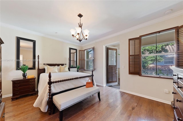 bedroom with wood-type flooring, an inviting chandelier, and crown molding