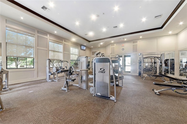 gym with a raised ceiling, crown molding, and a towering ceiling