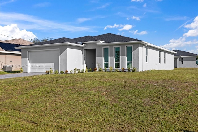 view of front of property with a garage, a front yard, and central air condition unit