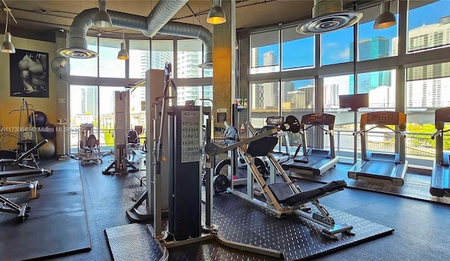 workout area featuring a towering ceiling and a wealth of natural light