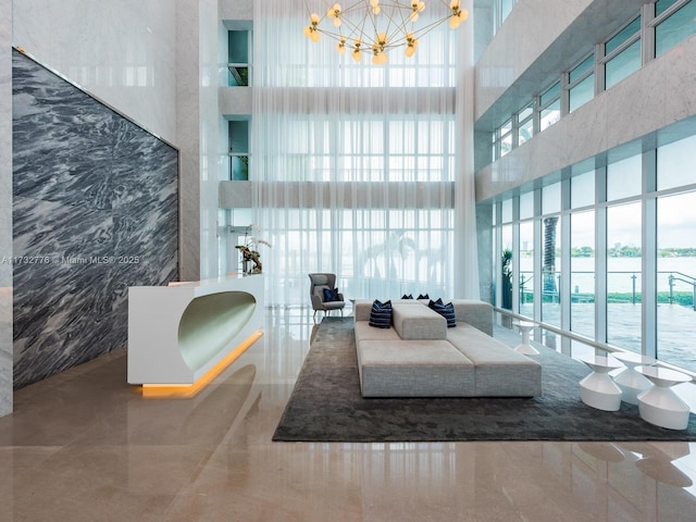 building lobby featuring a water view