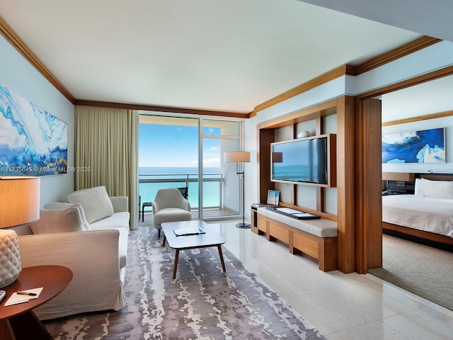 tiled living room featuring expansive windows and crown molding