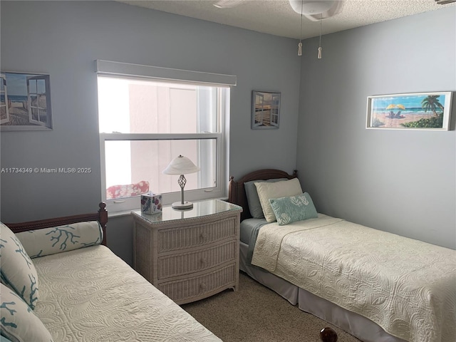 bedroom with carpet and a textured ceiling