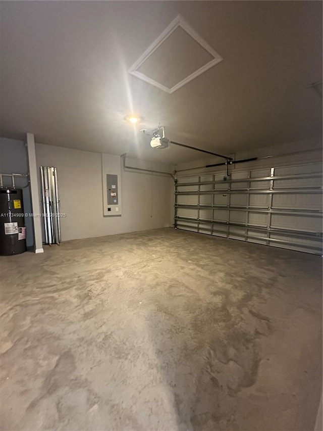 garage with a garage door opener, electric panel, and electric water heater