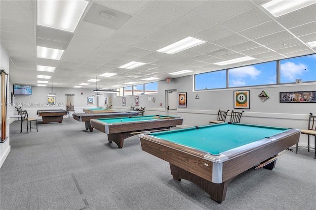 playroom featuring a drop ceiling, carpet floors, and billiards