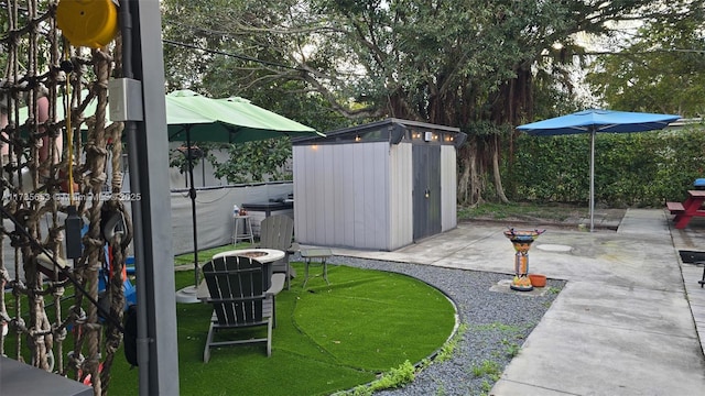 view of yard featuring a patio area and a storage unit