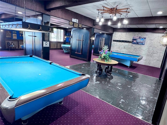 playroom featuring a paneled ceiling and pool table