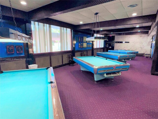 rec room with a paneled ceiling, billiards, and carpet flooring