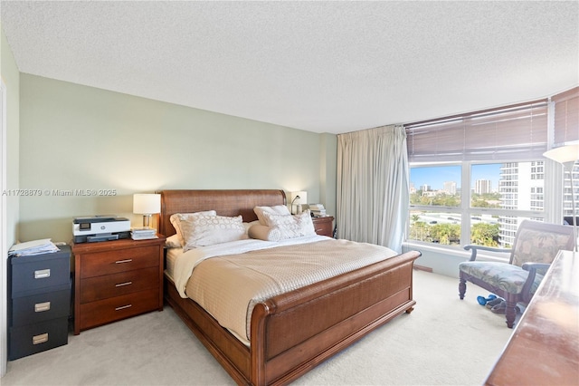 bedroom with a textured ceiling, a city view, and light colored carpet