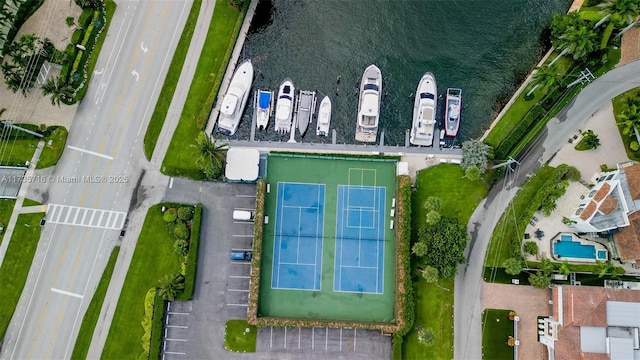 aerial view featuring a water view