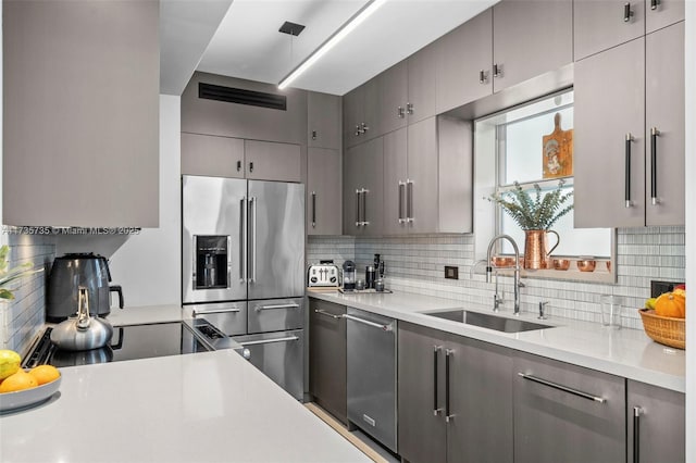 kitchen with gray cabinets, appliances with stainless steel finishes, sink, and backsplash