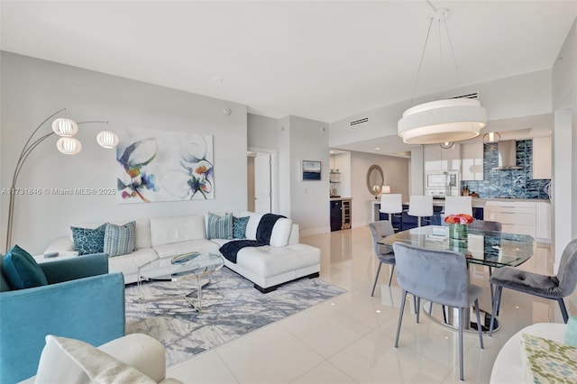 tiled living room with beverage cooler