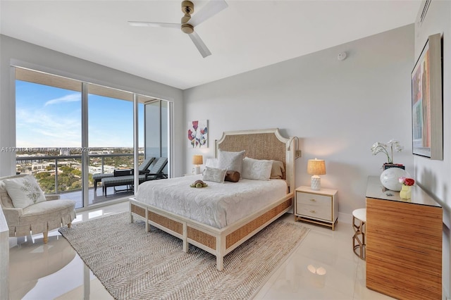 bedroom featuring access to outside and ceiling fan