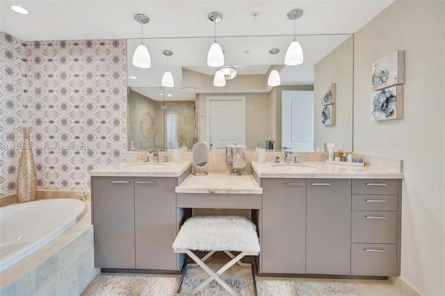 bathroom featuring vanity and plus walk in shower