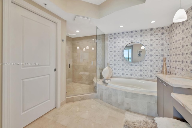 bathroom with vanity, tile patterned flooring, and independent shower and bath