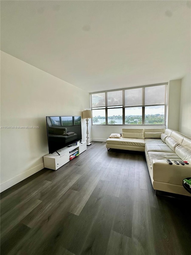 living room featuring dark wood-type flooring and baseboards